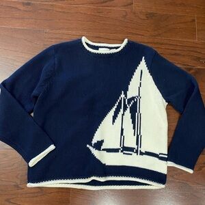 Vintage Liz Claiborne Sailboat Sweater 80s Nautical Knit Size L preppy